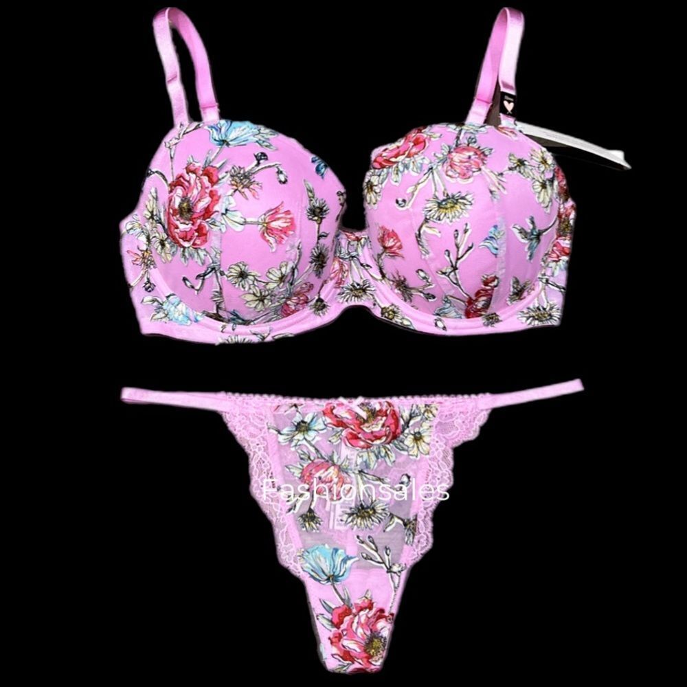 Victorias Secret set Dream Angels Demi Mesh Floral Appliqué Bra & Thong 32DDD /S